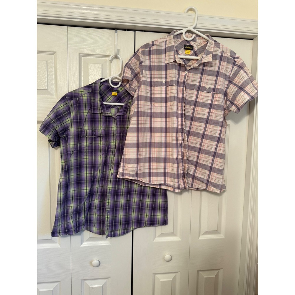 Set of Cabela's women's button-front, short-sleeve plaid outdoor camp shirts